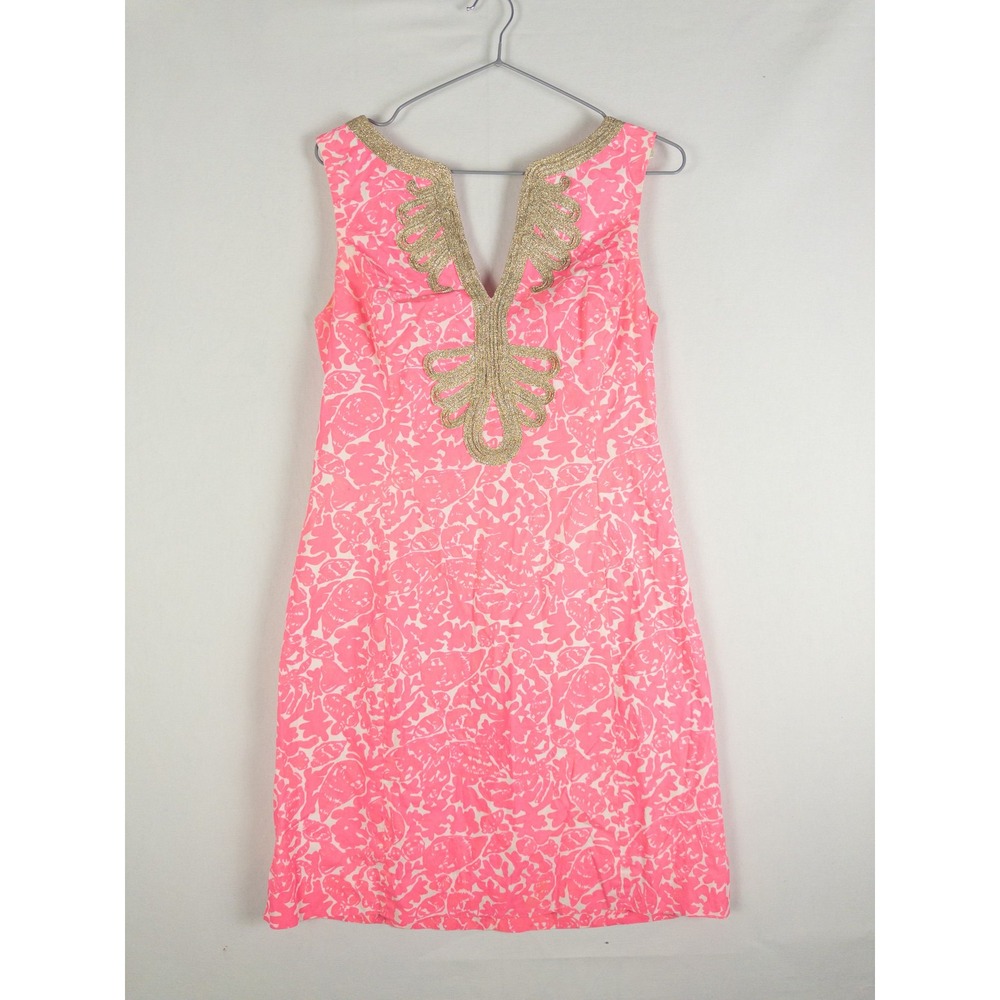 Lilly Pulitzer Gold Braided Trim V-Neck Shift Dress Womens Above Knee Pink Flora